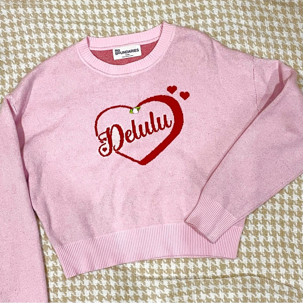 pastel pink delulu heart sweater